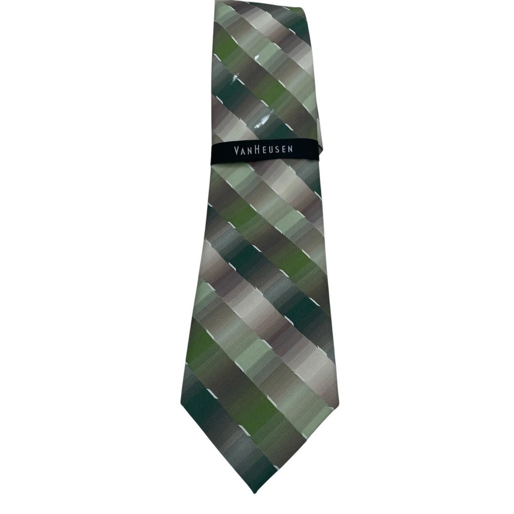VAN HEUSEN Bay Geo Sz 3.5x 57" Green Brown Striped Mens Silk Tie NWTs MSRP: $40